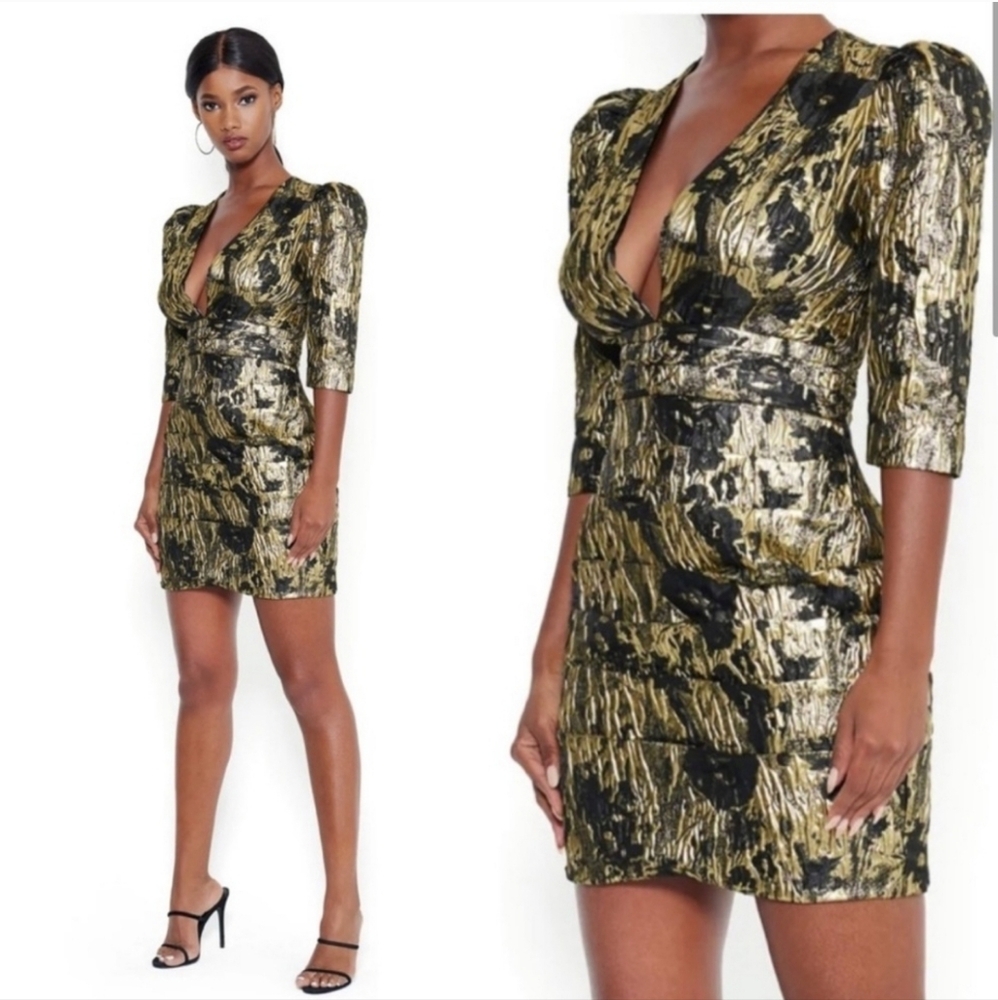 NWT BEBE 0 Jacquard Deep V-Neck Mini Dress Black & Metallic Gold Puff‎ Shoulders